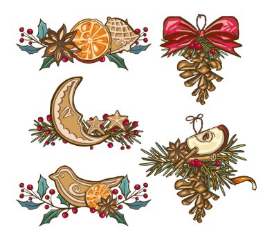 Sıcak şarap seti, bir bardak içki ve el yapımı malzeme. Yüksek kaliteli illüstrasyon