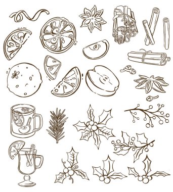 Elma ve yaban mersini. Meyve, baharat ve şenlikli dekorlardan oluşan suluboya Noel seti. Davetiyeler, duyurular ve tebrik kartları için tasarım öğeleri. Yüksek kaliteli illüstrasyon