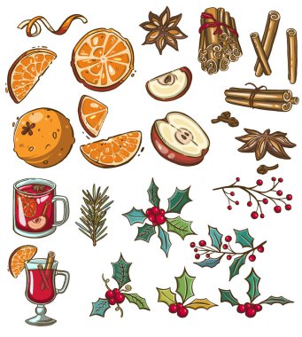 Elma ve yaban mersini. Meyve, baharat ve şenlikli dekorlardan oluşan suluboya Noel seti. Davetiyeler, duyurular ve tebrik kartları için tasarım öğeleri. Yüksek kaliteli illüstrasyon