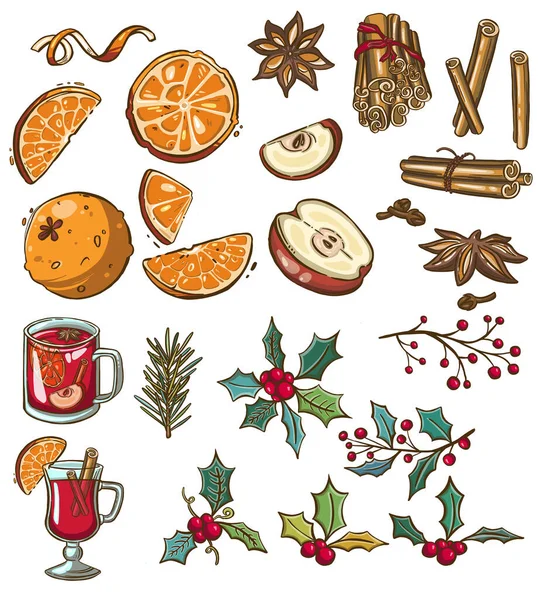 Elma ve yaban mersini. Meyve, baharat ve şenlikli dekorlardan oluşan suluboya Noel seti. Davetiyeler, duyurular ve tebrik kartları için tasarım öğeleri. Yüksek kaliteli illüstrasyon