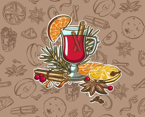 크리스마스 손으로 바탕에는 포도주 생강빵 전나무 가지를 칠하였다 디자인 프린트 — 스톡 벡터