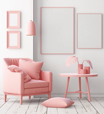 Yumuşak pembe renk koltuğa sahip oda iç