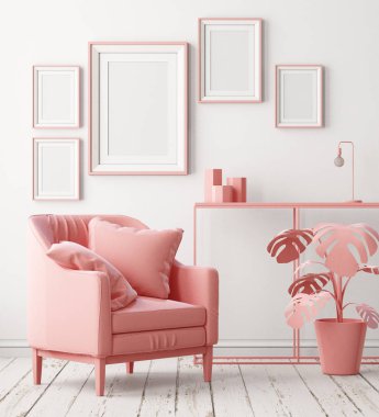 Yumuşak pembe renk koltuğa sahip oda iç