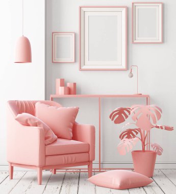 Yumuşak pembe renk koltuğa sahip oda iç