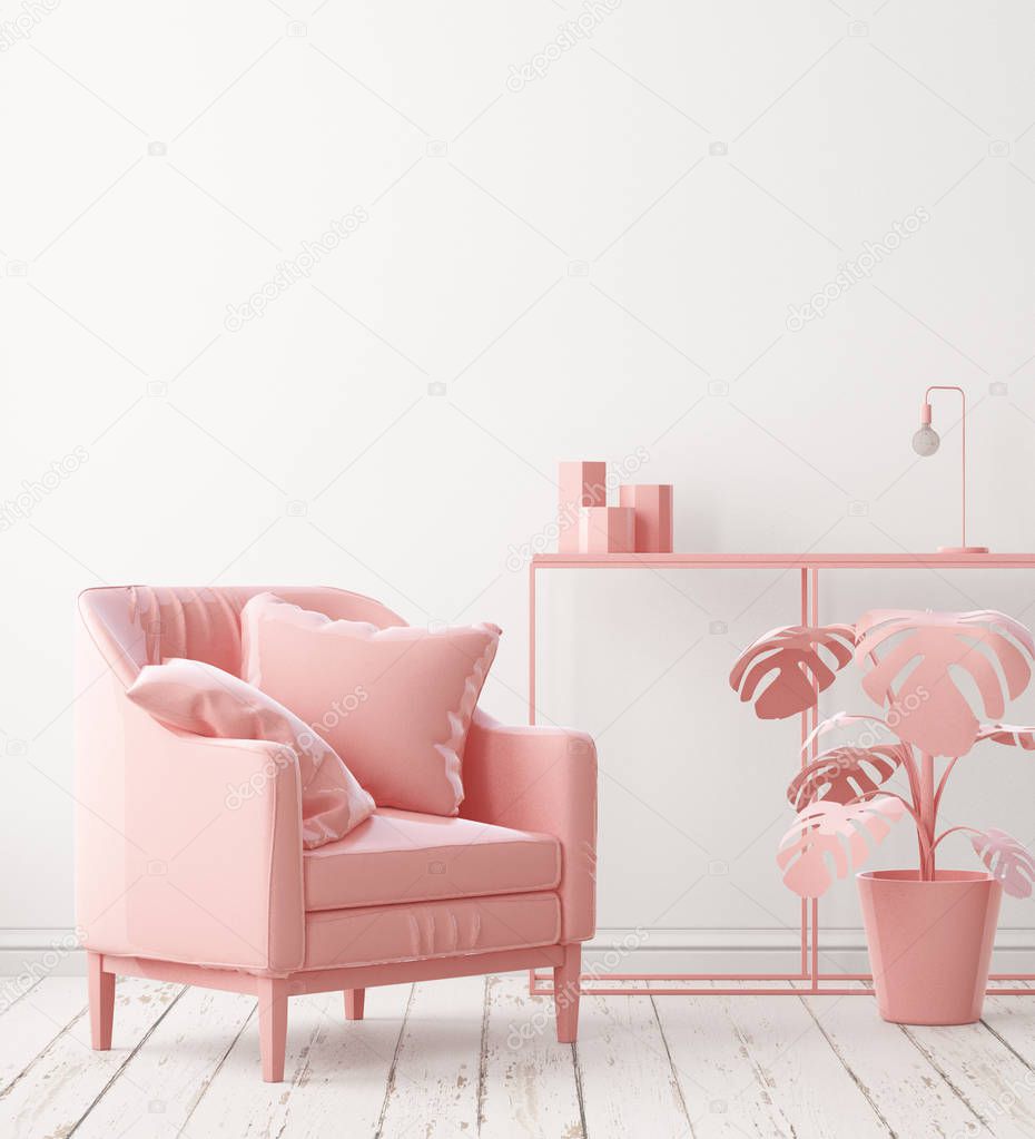 Room interior with armchair in soft pink color
