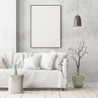 Oda iç kanepe ile. Trendy renkler. 3D render