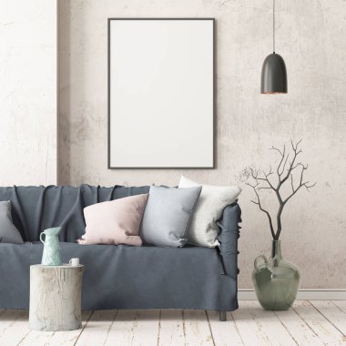 Oda iç kanepe ile. Trendy renkler. 3D render