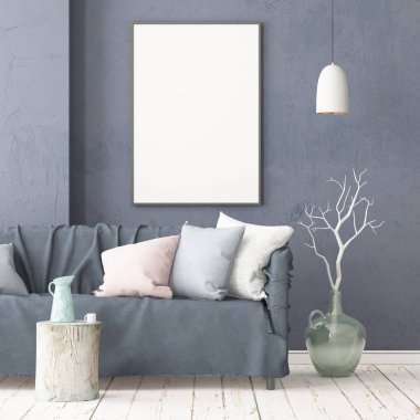 Oda iç kanepe ile. Trendy renkler. 3D render