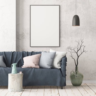 Oda iç kanepe ile. Trendy renkler. 3D render