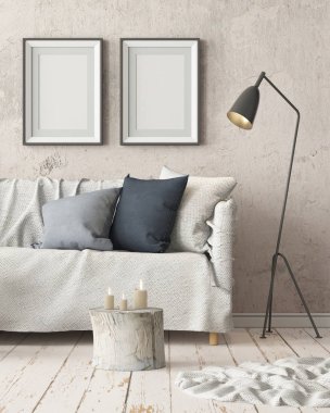 Oda iç kanepe ile. Trendy renkler. 3D render