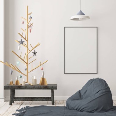 Noel süslemeleri ile İskandinav tarzında modern ev iç renkli 3d render 