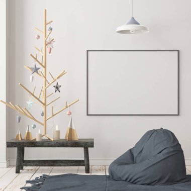 Noel süslemeleri ile İskandinav tarzında modern ev iç renkli 3d render 