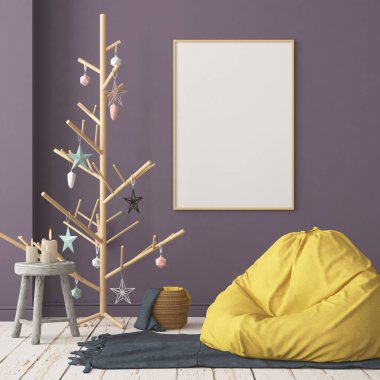 Noel süslemeleri ile İskandinav tarzında modern ev iç renkli 3d render 