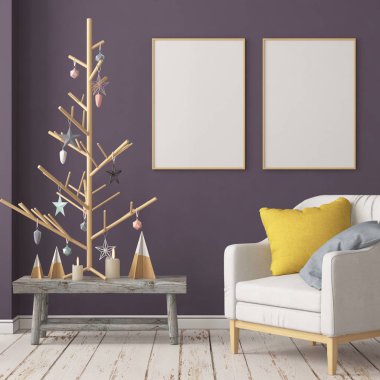 Noel süslemeleri ile İskandinav tarzında modern ev iç renkli 3d render 