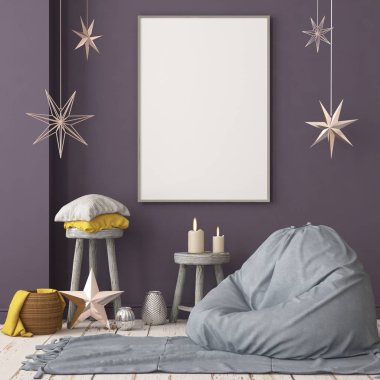 Noel süslemeleri ile İskandinav tarzında modern ev iç renkli 3d render 