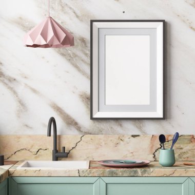 İskandinav tarzında yeşil modern mutfak iç 3d render