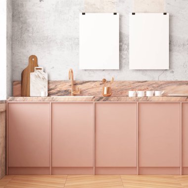 İskandinav tarzında pembe modern mutfak iç 3d render