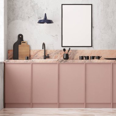İskandinav tarzında pembe modern mutfak iç 3d render