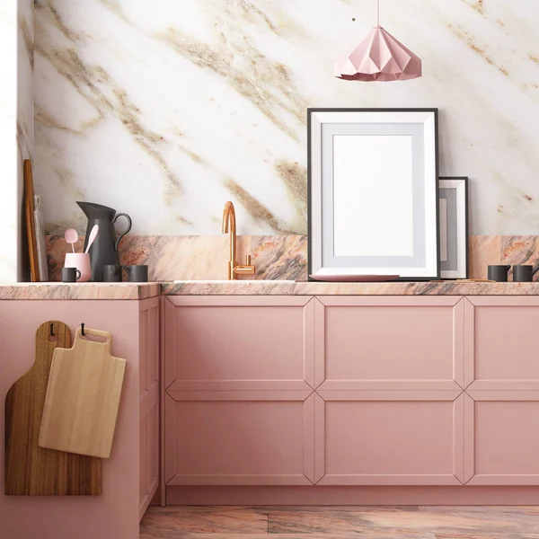 Renderização Rosa Moderna Cozinha Interior Estilo Escandinavo — Fotografia de Stock