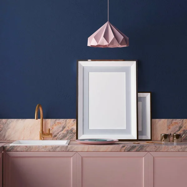 Візуалізація Рожевого Сучасного Інтер Єру Кухні Скандинавському Стилі — стокове фото