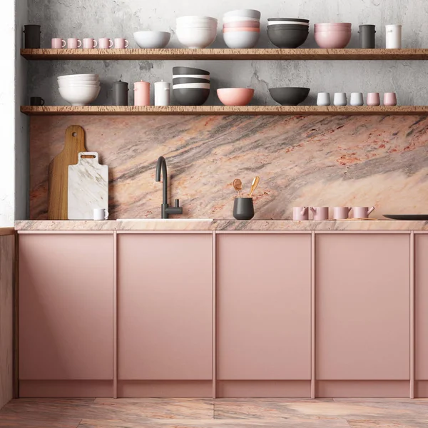 斯堪的纳维亚风格的粉红色现代厨房内饰的3D渲染 — 图库照片