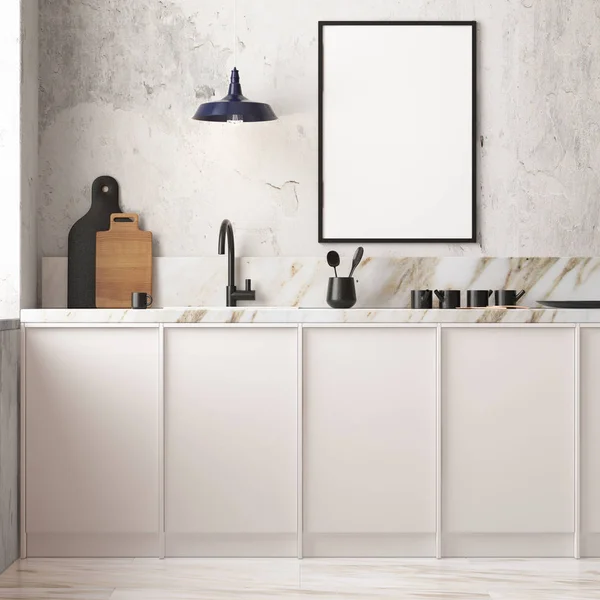 Rendering White Modern Kitchen Interior Scandinavian Style — Stock Photo, Image