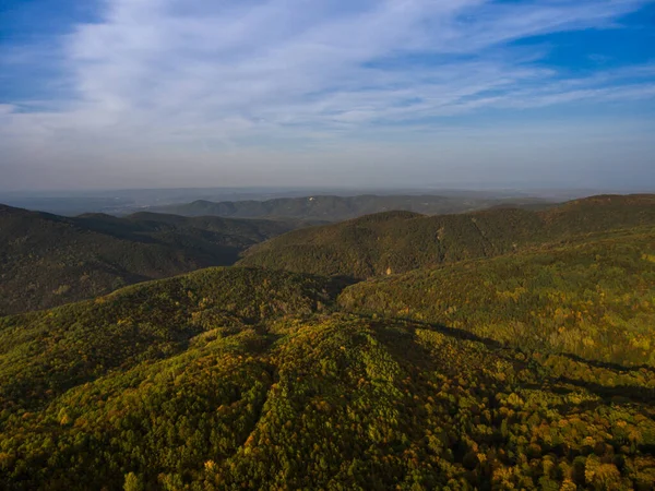 Vista Aérea Paisagem Vale Montês Com Floresta Outono — Fotografia de Stock