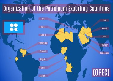 Petrol İhraç Ülkeleri Örgütü 'nün (OPEC) şematik haritası. Vektör illüstrasyonu.