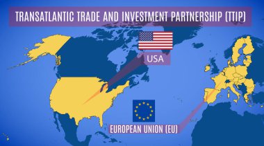 Transatlantik Ticaret ve Yatırım Ortaklığının (TTIP) şematik haritası. ABD ve AB bayrakları. Vektör.
