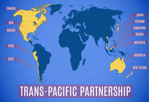 Vector Illustration Schematic Map Trans Pacific Partnership Tpp — Stock Vector