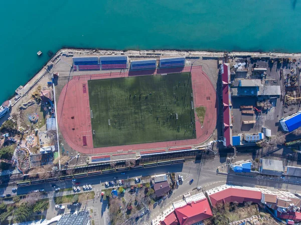 Vista Aérea Del Estadio Zona Portuaria Junto Mar — Foto de Stock