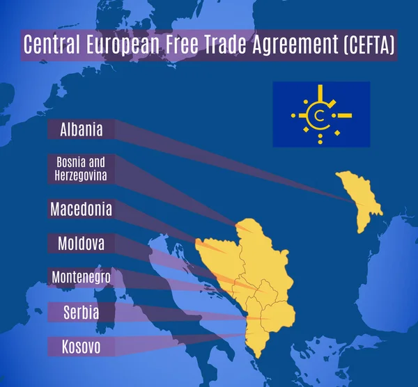Schematic Map Central European Free Trade Agreement Cefta — Stock Vector