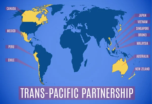 Schematische Kaart Van Het Nieuwe Trans Pacific Partnership Tpp — Stockvector