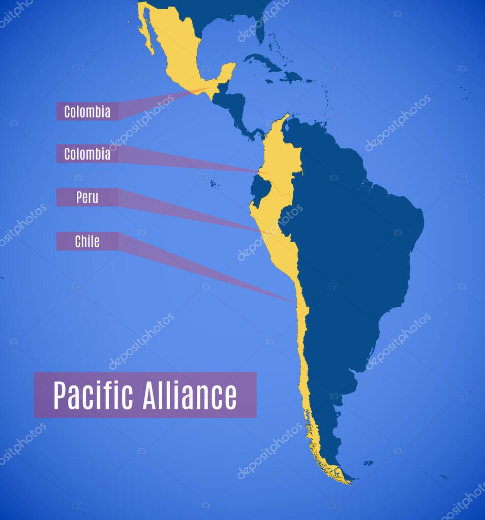 Mapa esquemático vectorial de la Alianza del Pacífico. 2023