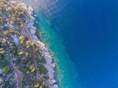 Kayalık kıyı manzarası. Deniz kenarındaki yeşilliklerin arasındaki yollar..