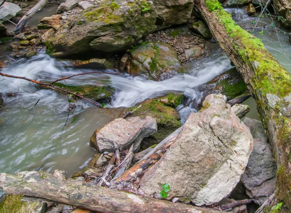 Kameny Klády Dně Horského Potoka Selektivní Zaměření — Stock fotografie