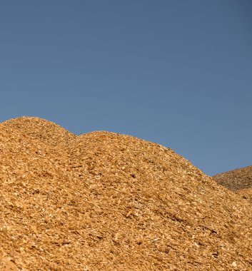 Açık gökyüzünün altına kurumuş endüstriyel çipler yığmak. Seçici odak.