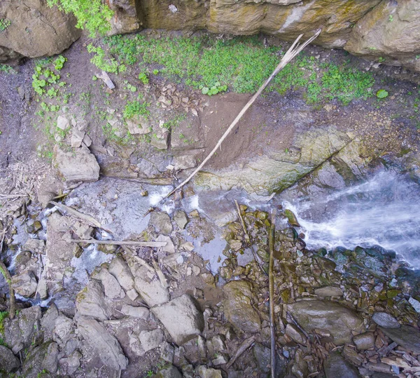 Stream Bed Stones Logs Brought Waterfall Aerial View Drone Photo — Stock Photo, Image