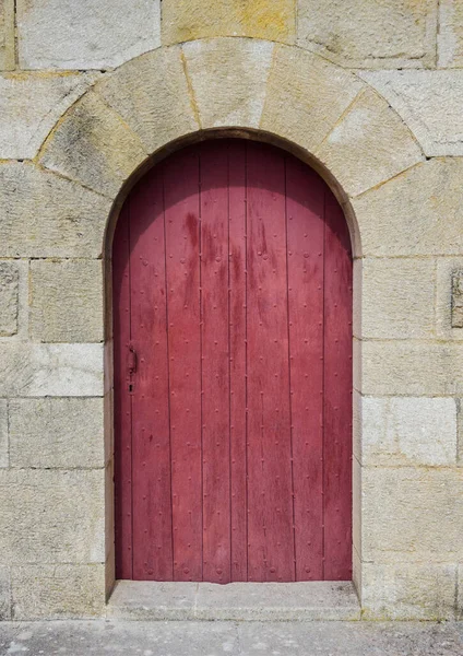 Porte Bois Voûtée Rouge Mur Pierre — Photo