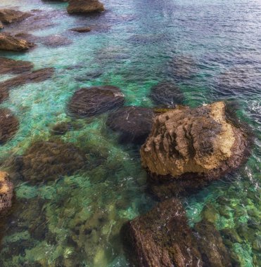 Denizde kayalar kıyıya yakın sığ sularda..