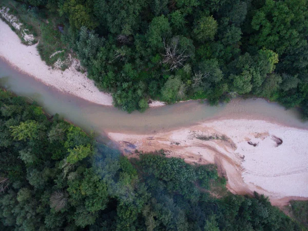 Drone Photo Top View Pebbled Beach Bend River Forest — Stock Photo, Image
