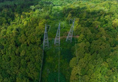 Hava görüntüsü. Yüksek voltajlı metal direği. Ormanda yüksek voltajlı kuleler.