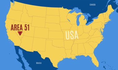 Schematic vector map of the United States with the position mark Area 51. clipart