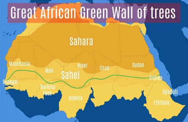 Схематична Векторна Мапа Великої Африканської Зеленої Стіни Сахари Сахеля — стоковий вектор