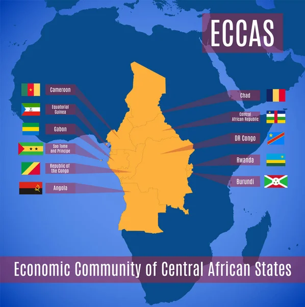 Karte Und Flaggen Der Mitgliedsstaaten Der Wirtschaftsgemeinschaft Zentralafrikanischer Staaten Eccas — Stockvektor