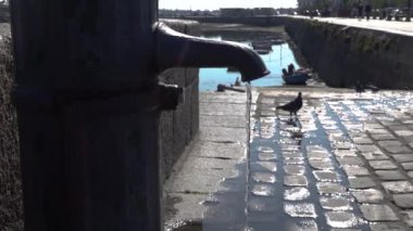 Bir Fransız kasabasının limanındaki çeşmeden akan su. Seçici odaklanma, yavaş çekim.