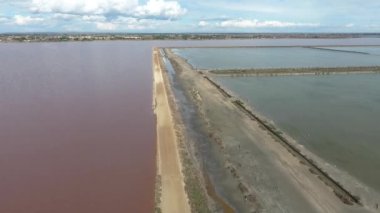 Pembe tuz gölünün üzerinde uçuyor. Aigues Mortes, Fransa.