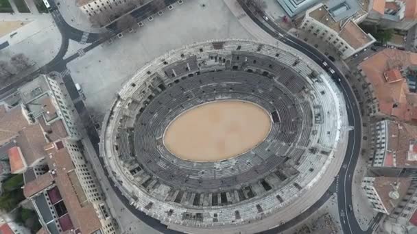 Vliegen Het Oude Romeinse Amfitheater Stad Nimes Frankrijk — Stockvideo