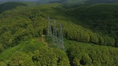 Hava görüntüsü. Yüksek voltajlı metal direği. Ormanda yüksek voltajlı kuleler.