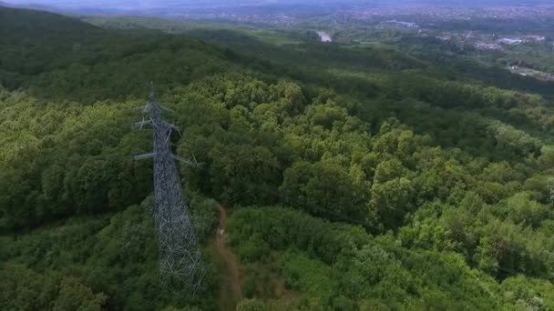 Hava Görüntüsü Yüksek Voltajlı Metal Direği Ormanda Yüksek Voltajlı Kuleler — Stok video